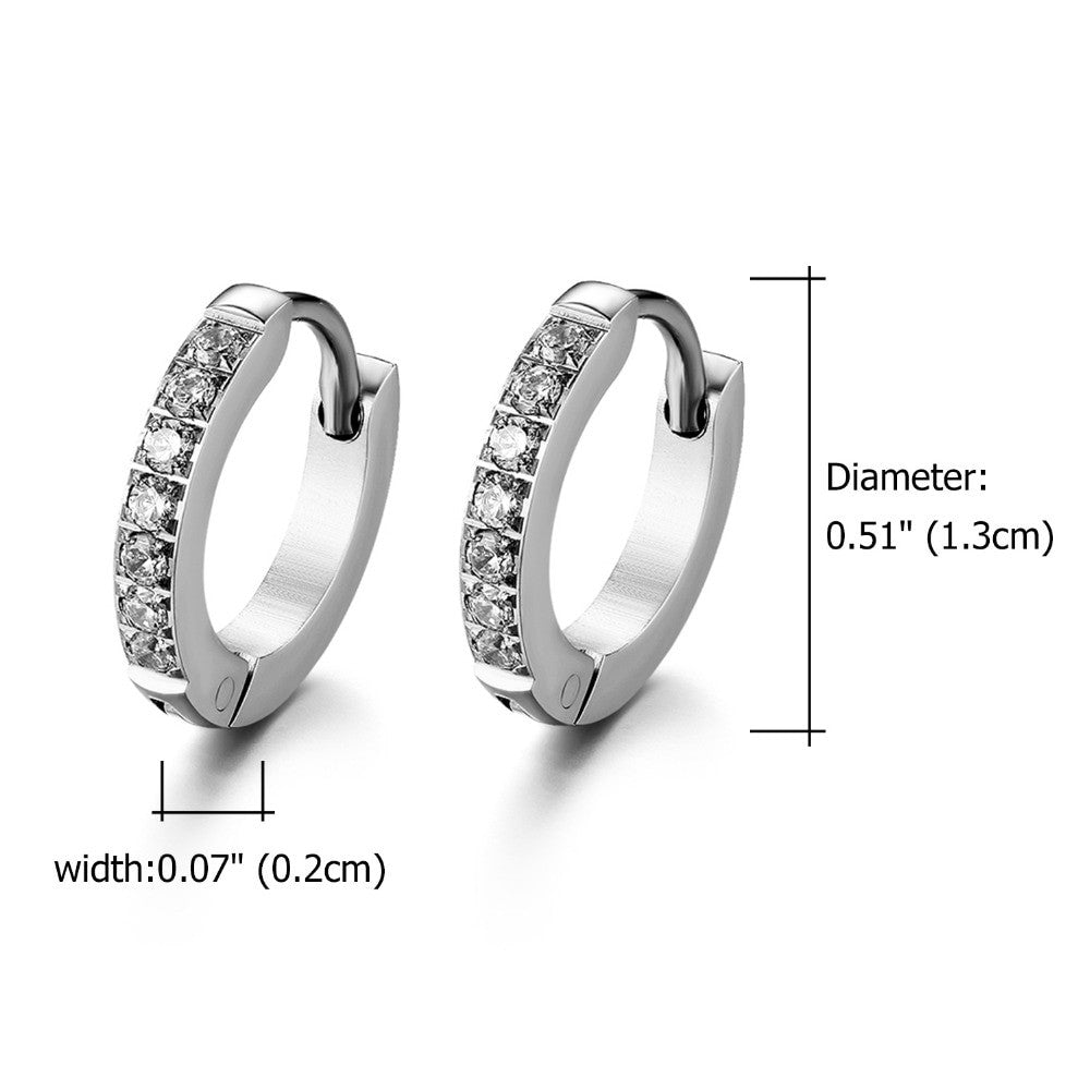Mens Womens No Fade Round Hoop Stainless Steel Bling Bling CZ Earrings