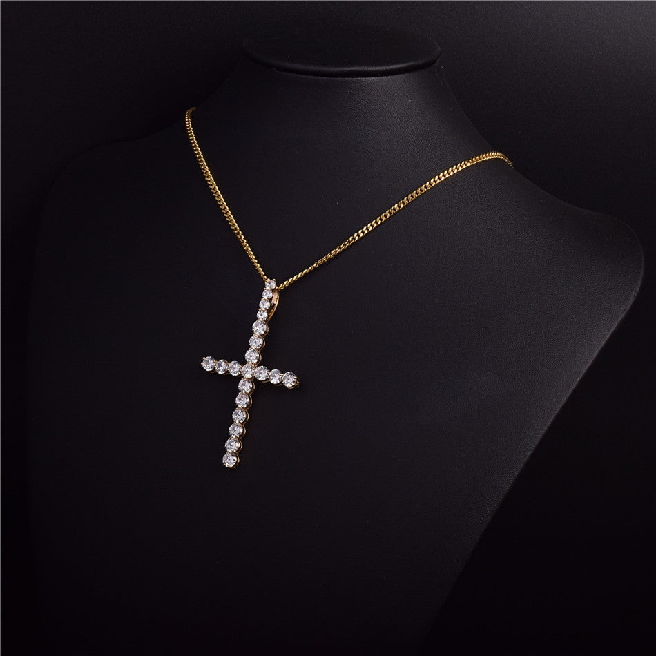 22k Gold .925 Silver AAA Micro Pave Bling Bling All Ice Cross Chain Pendant