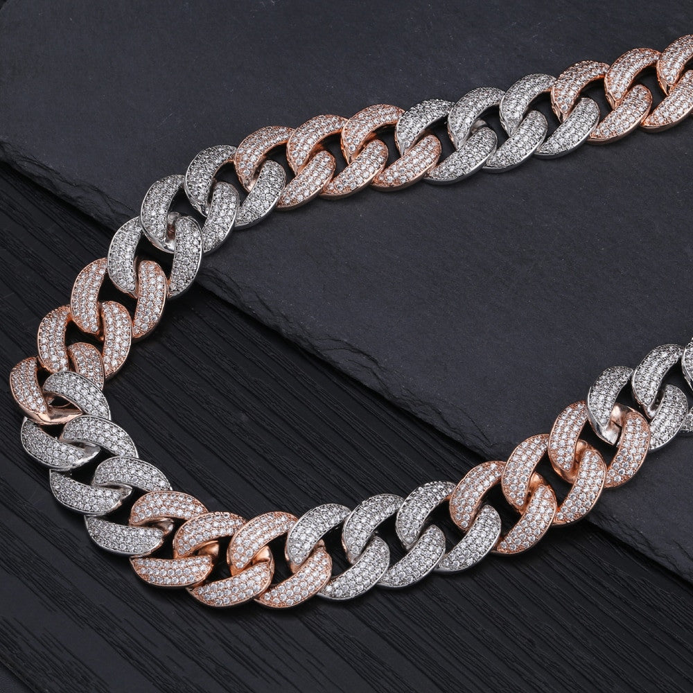 Miami Cuban Link 18MM AAA Micro Pave Hip Hop Silver Rose Gold Chain Necklace