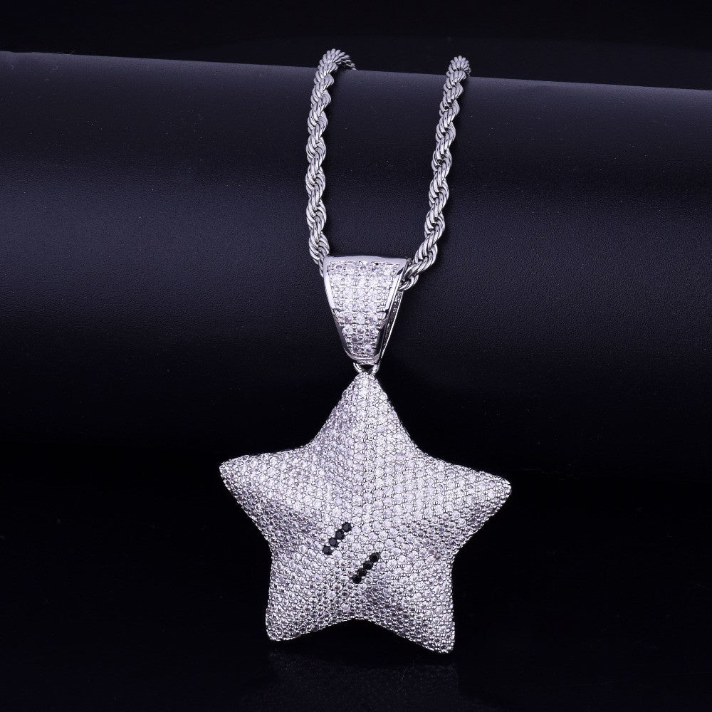 18k Gold .925 Silver Mario Power Star AAA True Micro Pave Bling Pendant Chain Necklace