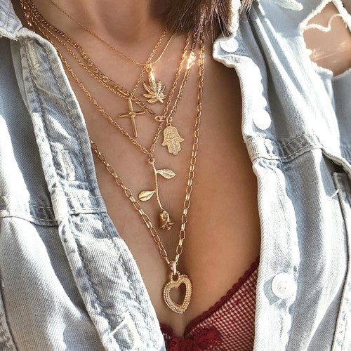 Womens Weed Fashion Peach Heart Rose Multi layer Clavicle Boho Necklace Gold 5 Piece Set
