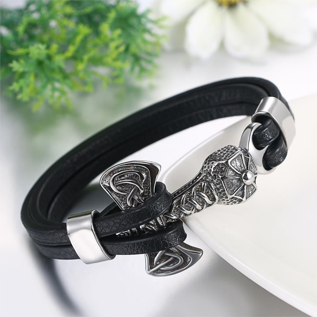 Mens Leather No Fade Stainless Steel Wolf Head Thors Hammer Bracelets