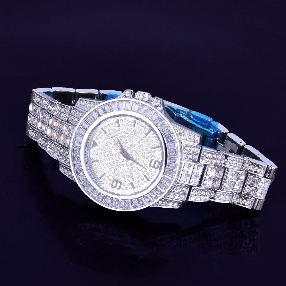 Mens Flooded Ice Luxury Baguette Iced 925 Silver Stainless Steel Bling Watch