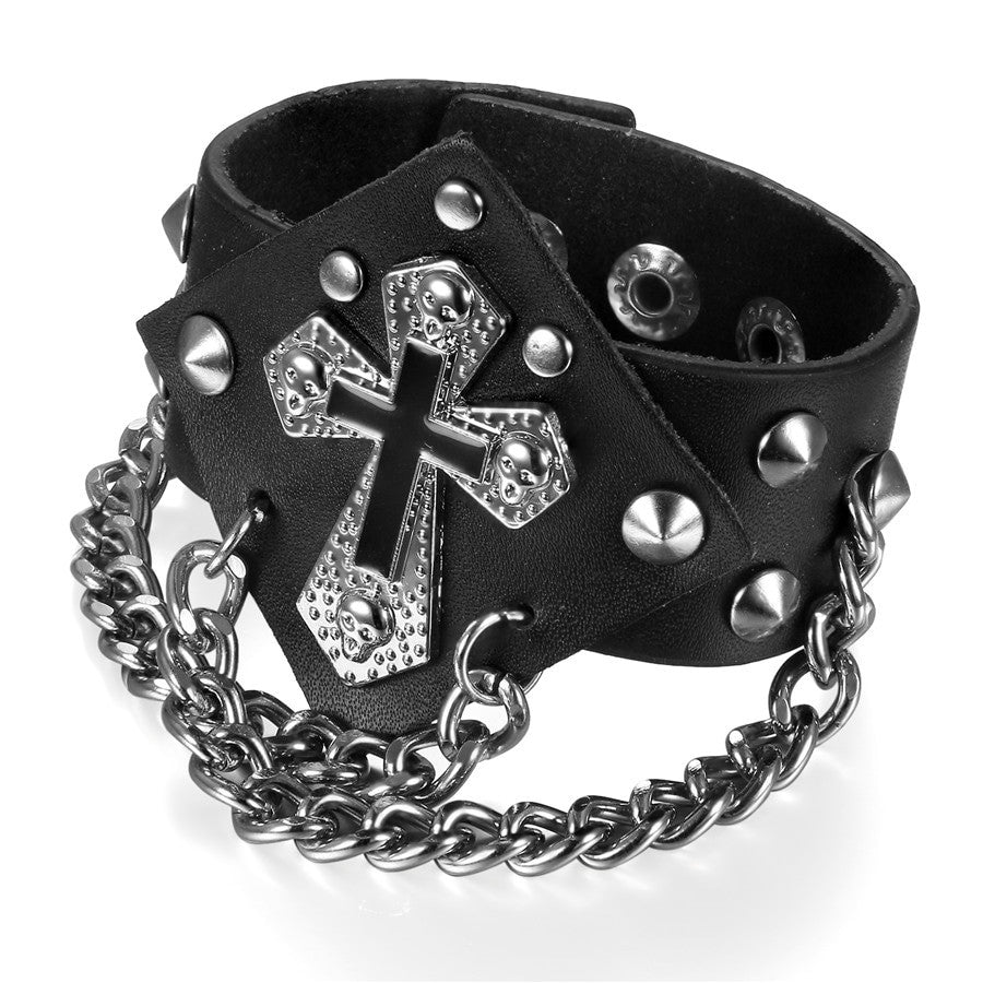 Black Leather Rivet Spikes Cross Chain Link Bracelets