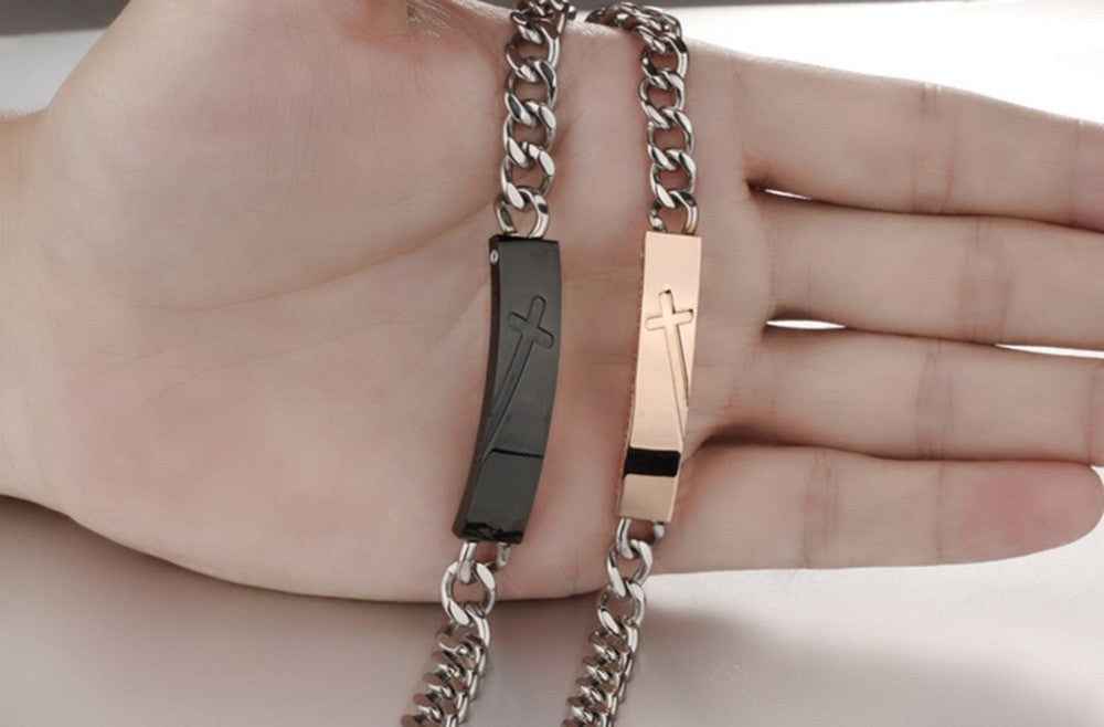 Couples Lovers Thank you Cross Rose Gold Black Stainless Steel Bracelets