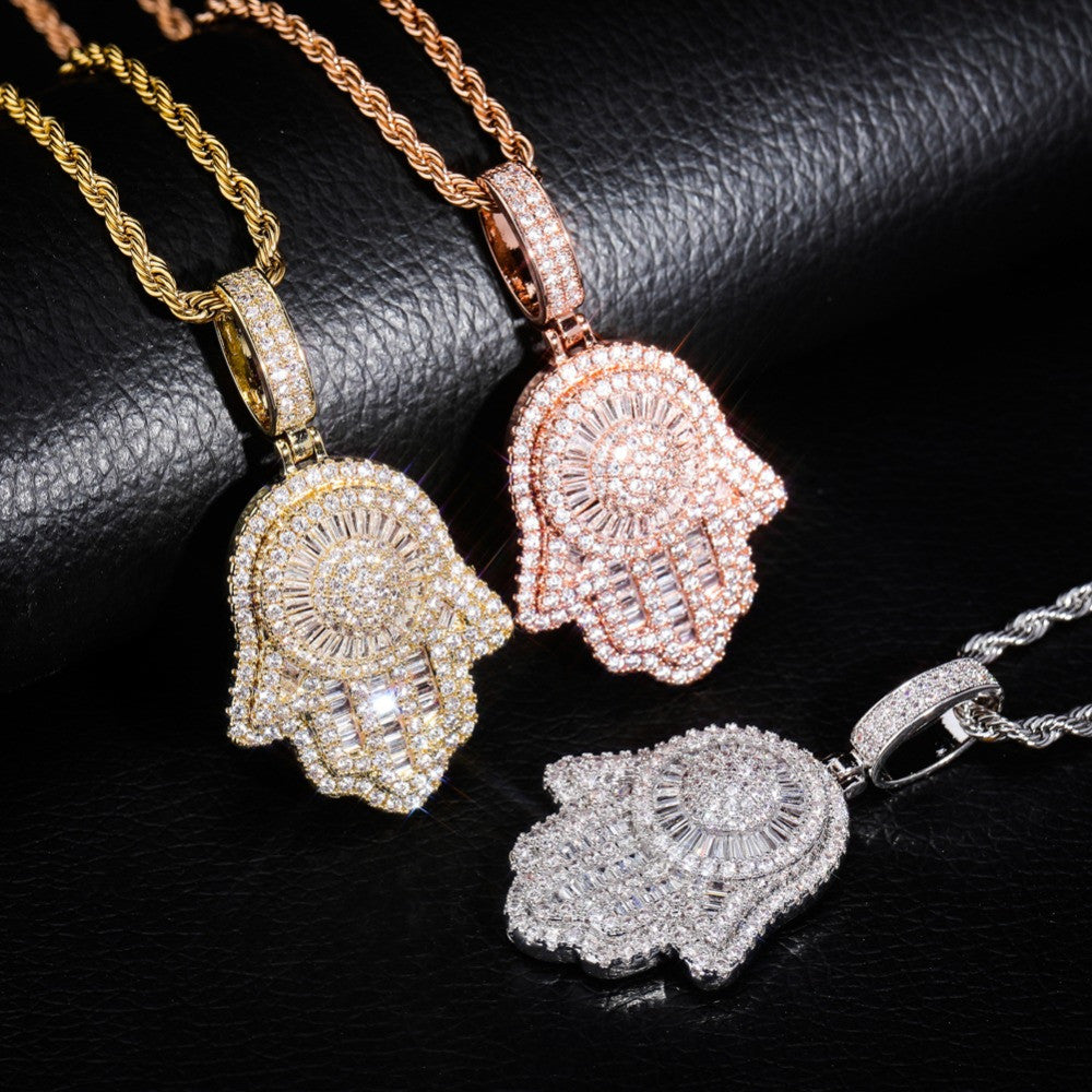  New Hamsa Hand AAA Micro Pave Baguette Stone Rose Gold Silver 14k Pendant