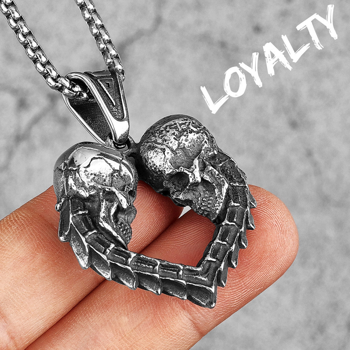 Loyalty Last Forever Love Skull Heart No Fade Silver Stainless Steel Pendant Necklace