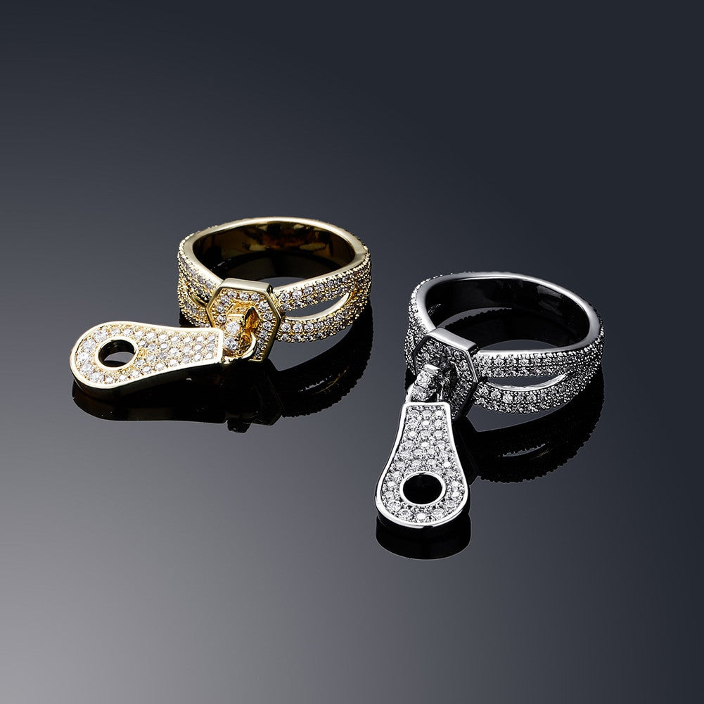 Flooded Ice 3A Simulate Diamond Street Wear Fashion Bling Zipper Rings