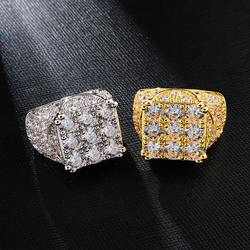 Hip Hop Full AAA Simulate Diamond 14k Gold Silver 9 Cut Bling Iced Rings