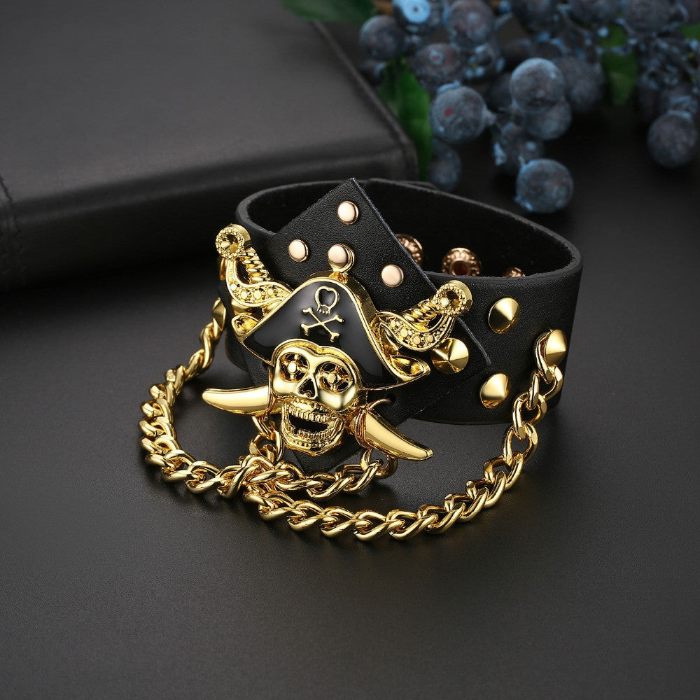 Men&#39;s Genuine Leather 14k Gold 925 Silver Rivet Street Rock Pirate Skull Hip Hop Bracelet