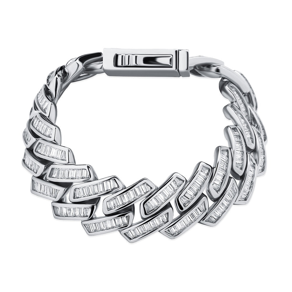 Mens Flooded Ice 18mm 14k 925 Silver Baguette Pave Set Cuban Link Hip Hop Bracelet
