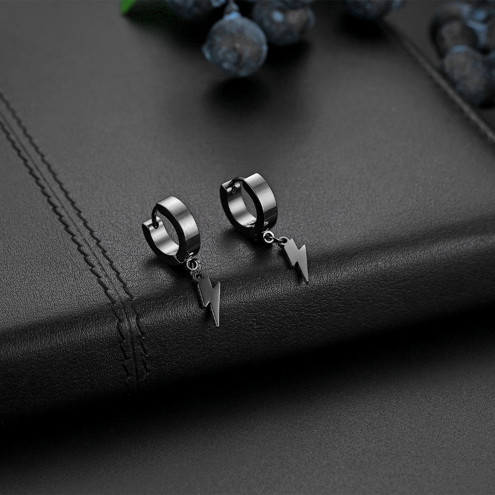 High Fashion No Fade Gold Silver Black Stainless Steel Huggie Lightning Bolt Earrings