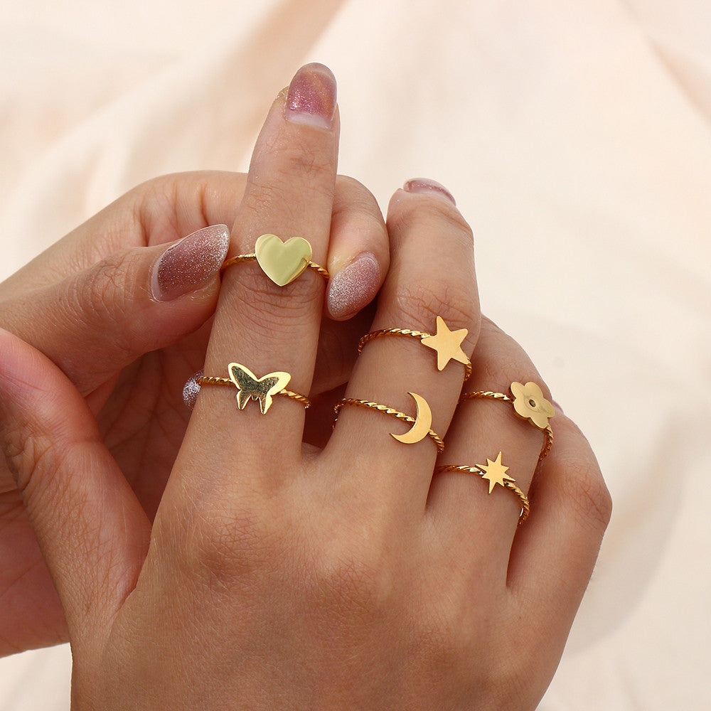 18k Gold Waterproof Stainless Steel Fine Polished Moon Star Heart Flower Adjustable Rings