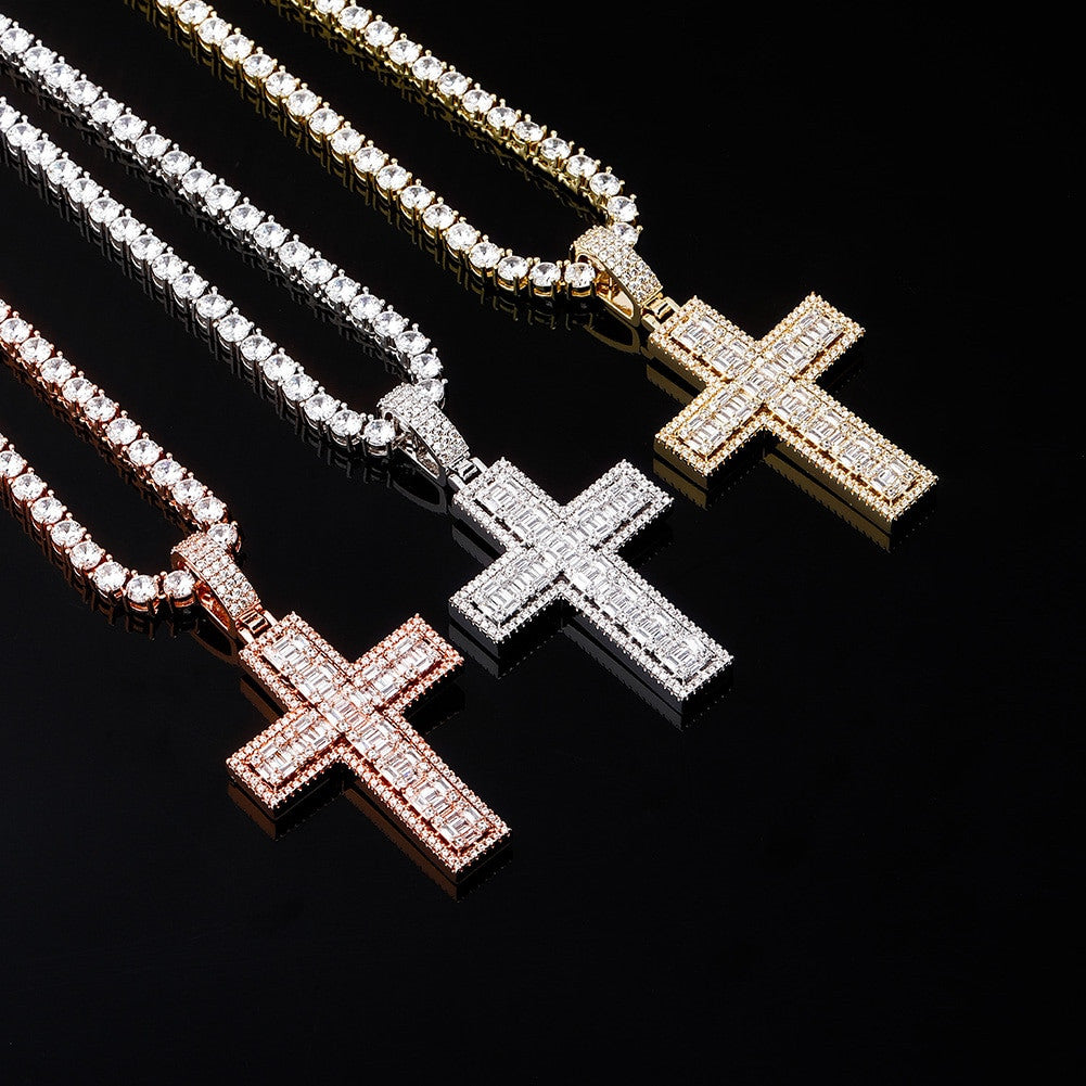 Flooded Ice True Micro Pave 14k 925 Rose Gold Bling Cross Pendant Chain Necklace