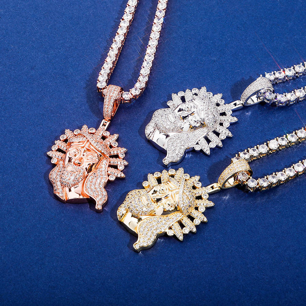 Mens Gold Silver Rose Jesus Face Flooded Ice Hip Hop Pendant