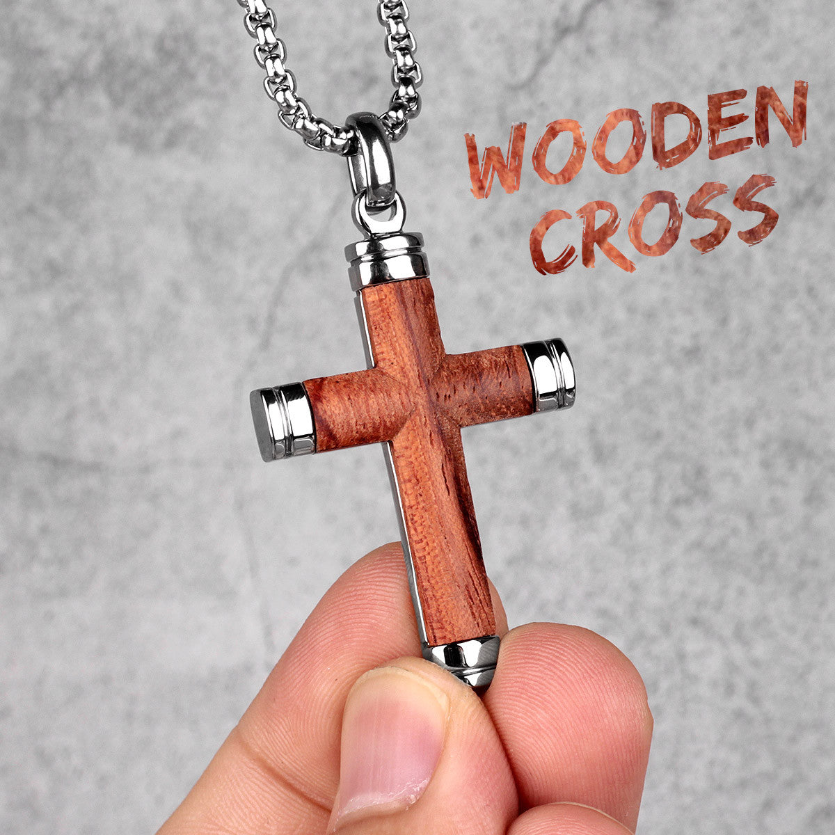 No Fade Stainless Steel Real Rosewood Cross Pendant Chain Necklace