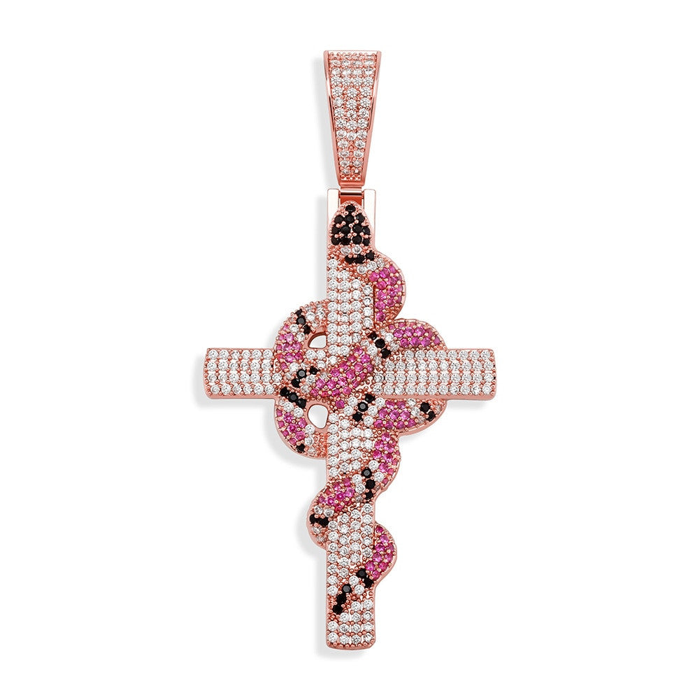 AAA Micro Pave Coral Snake Flooded Ice Hip Hop Cross Pendant Chain Necklace