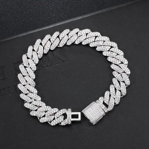 925 Silver 18k Gold Flooded Ice Close Cut Square Cuban Link Hip Hop Bracelet