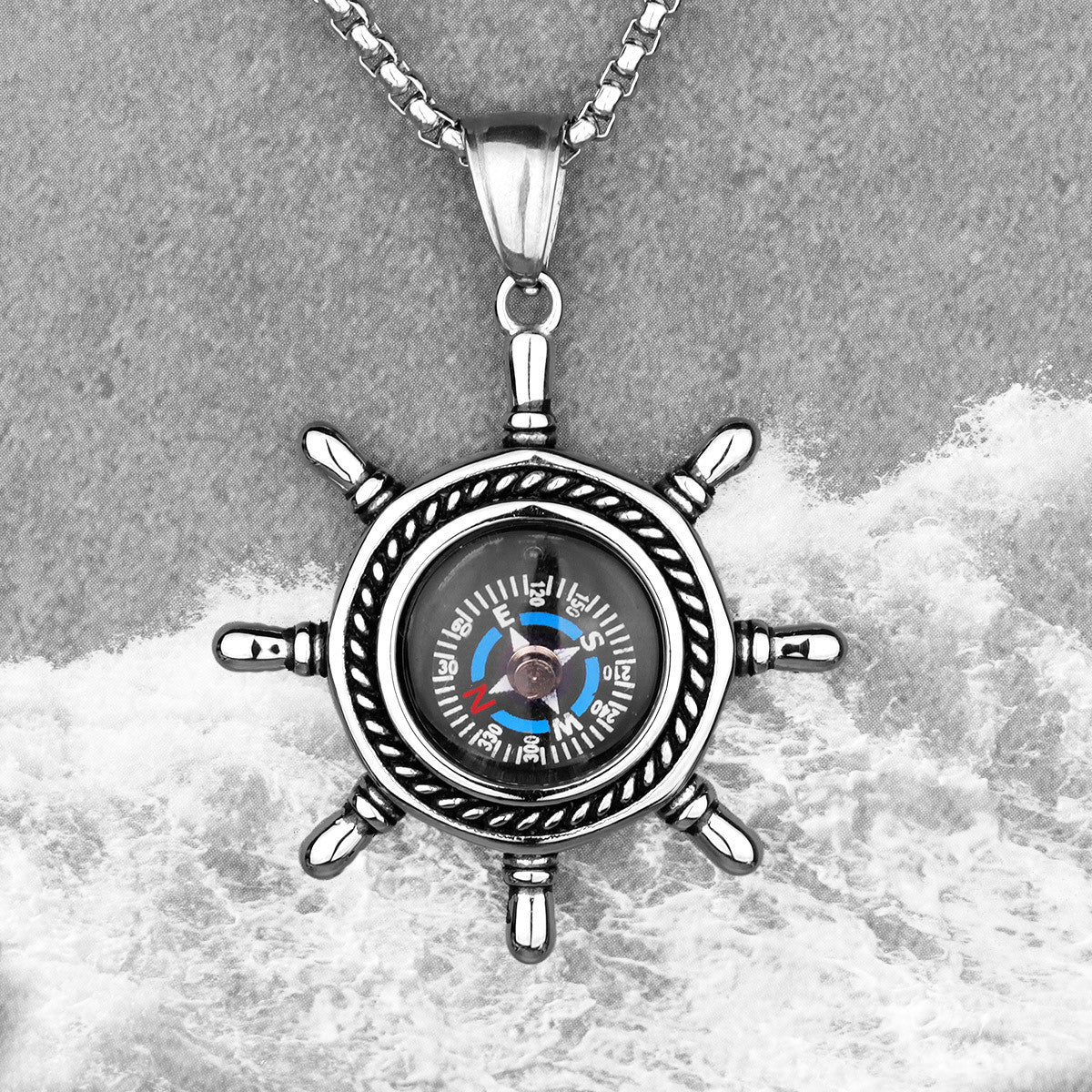 Mens No Fade Stainless Steel Captains Wheel Compass Street Wear Pendant Chain
