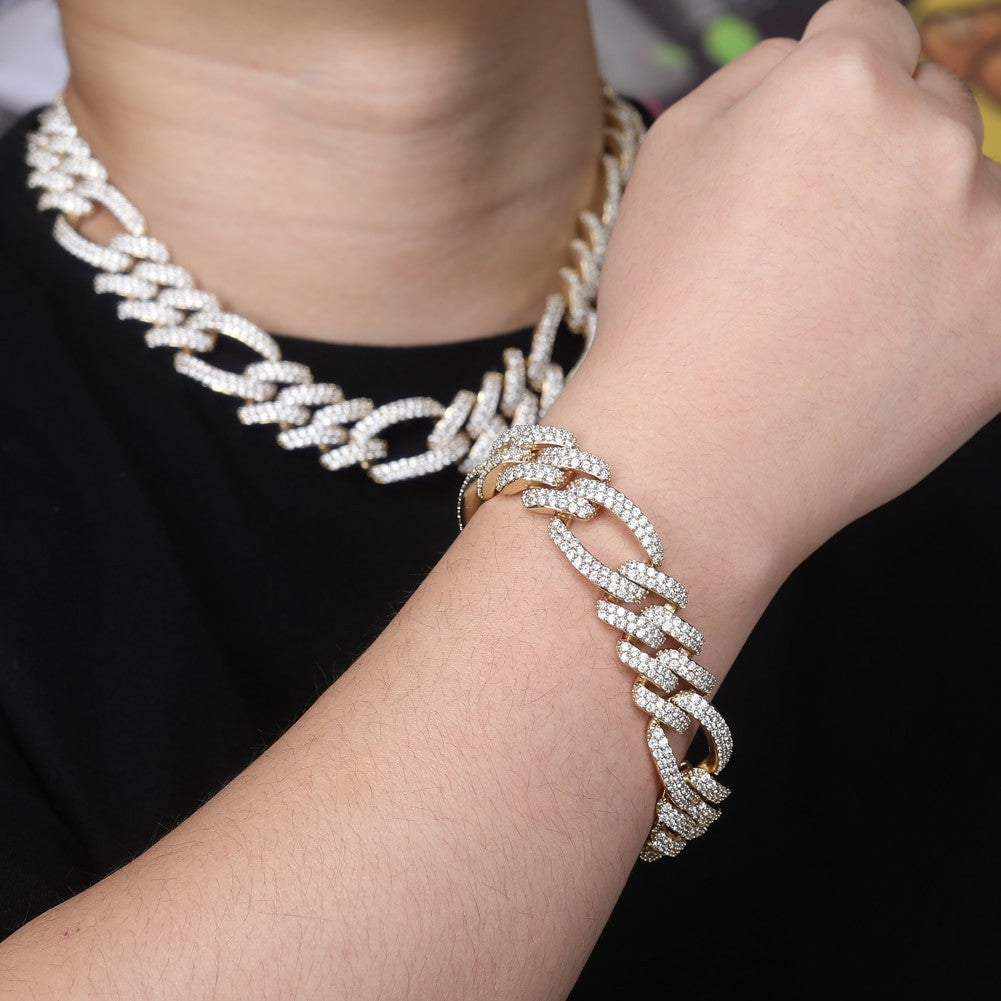 18mm Flooded Ice Three Link Figaro 14k Gold .925 Silver Hip Hop Bracelet