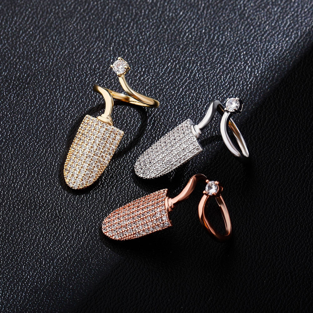 14k Gold .925 Silver Rose Gold Hip Hop Fashion Finger Nail Flooded Ice Adjustable Ring
