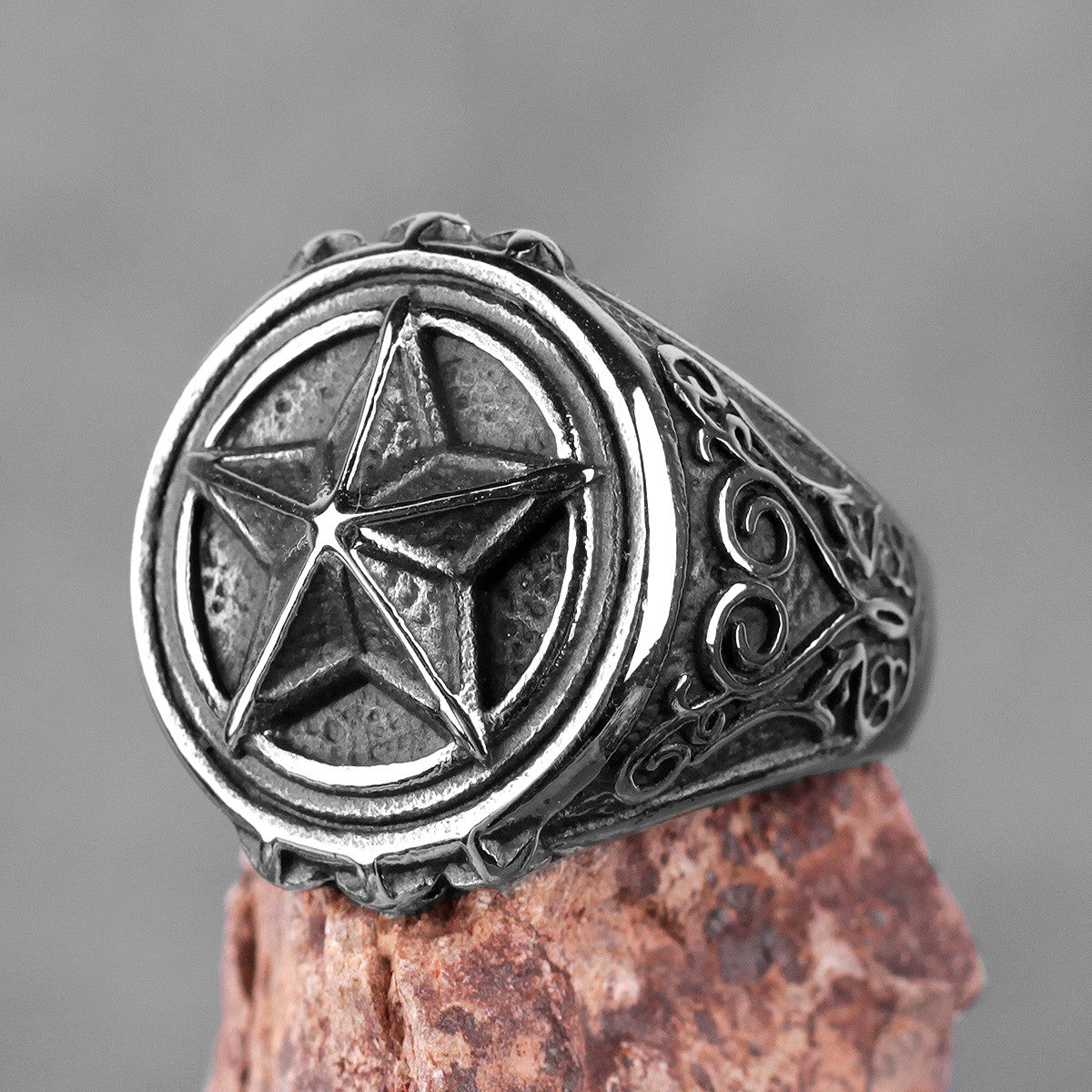 Mens 316L No Fade 3D Raised Pentagram Stainless Steel Street Wear Rings