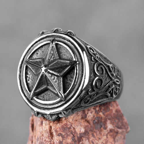 Mens 316L No Fade 3D Raised Pentagram Stainless Steel Street Wear Rings