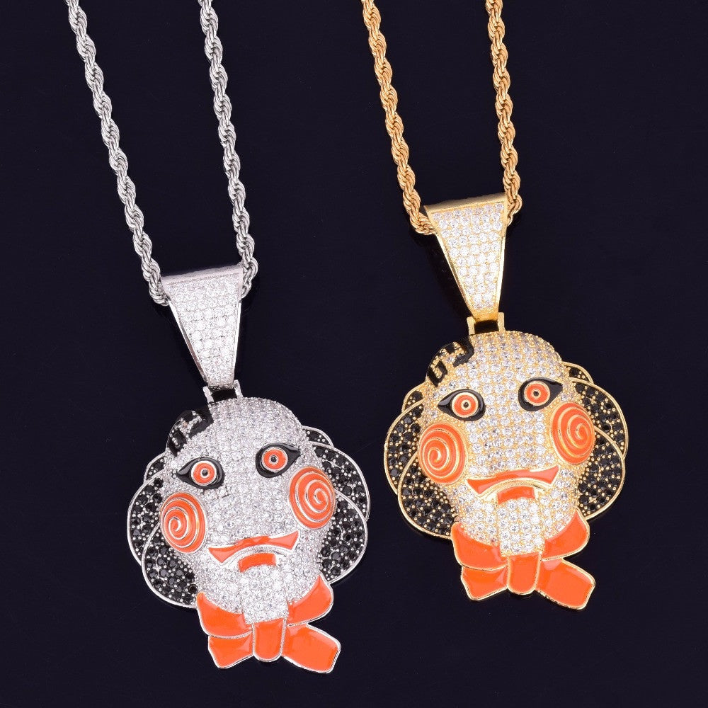 18k Gold .925 Silver Hip Hop Micro Paved Flooded Ice Stone 69 Saw Doll Chain Mask Pendant