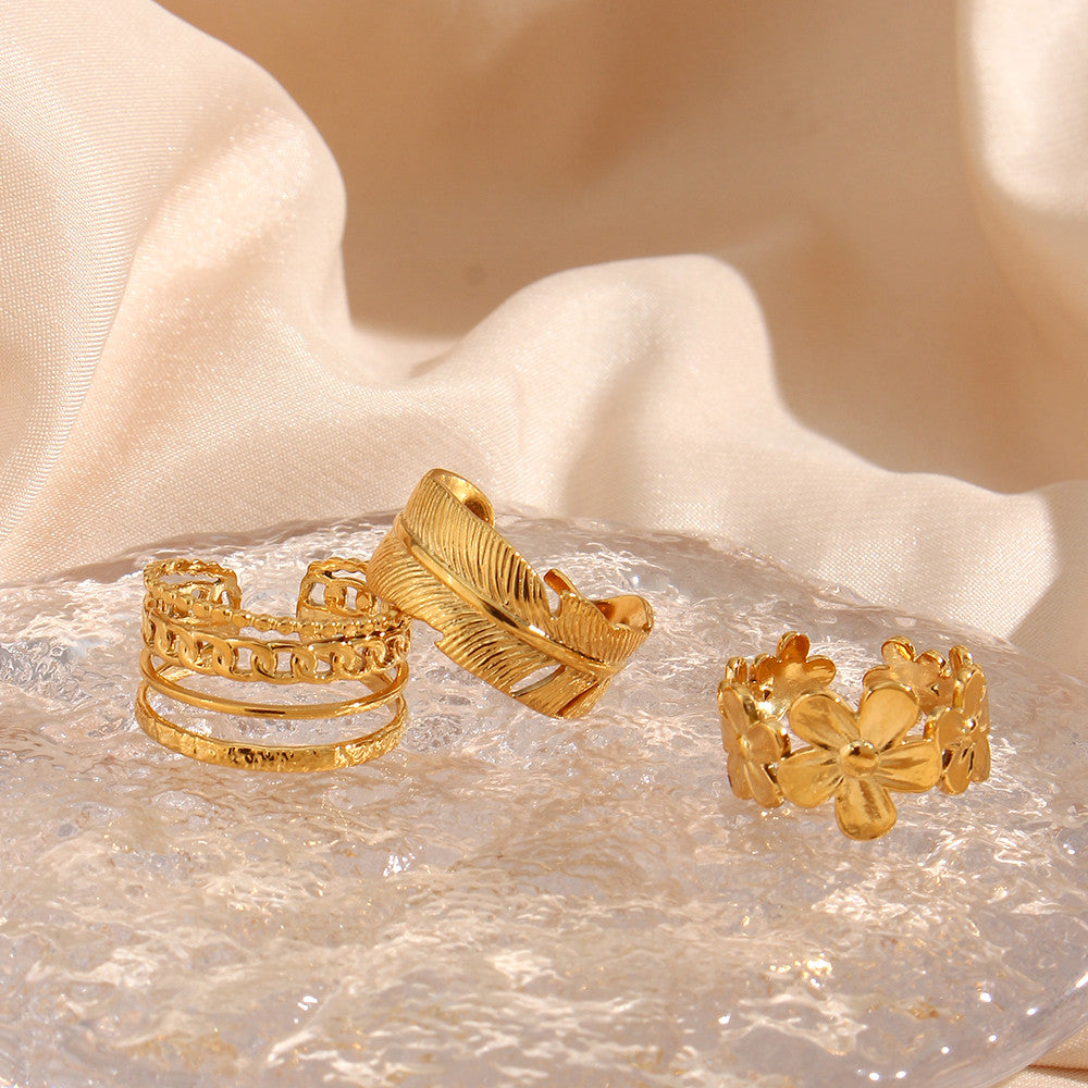 18k Gold Bohemian Elegant French Flower Stainless Steel Waterproof Rings