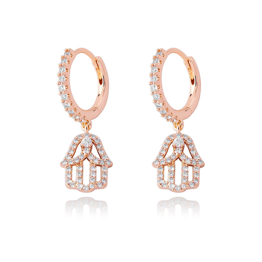 14k Rose Gold 925 Silver Hamsa Hand Street Wear Hip Hop Huggie Hoop Style Earrings