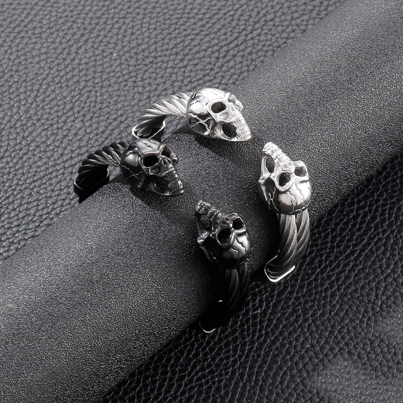 SkullFlex Double Layer Skull Cable Bangle Stainless Steel Bangle Bracelet 