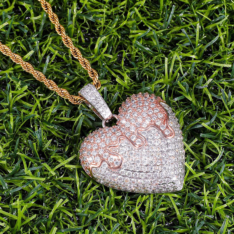 Flooded Ice Covered Heart Solid Back Hip Hop Pendant Chain Necklace