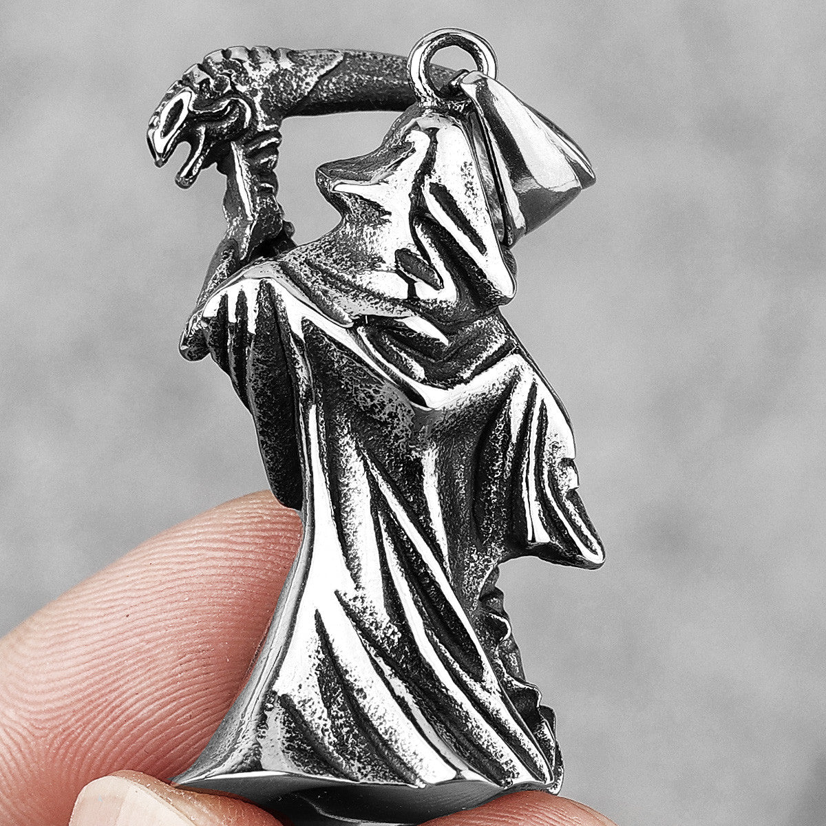 Grim Reaper No Fade Silver Stainless Steel Scythe Pendant Chain Necklace