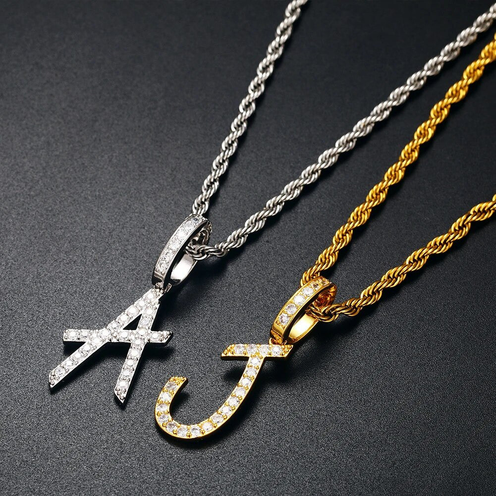 18k Gold 925 Silver Capital Letter Initial Iced Blinged Out Alphabet Pendant Chain Necklaces
