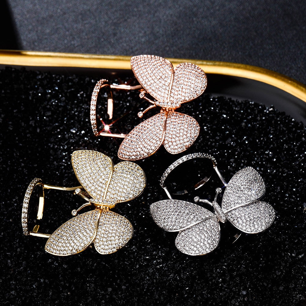 18k 925 Silver Rose Gold Ladies AAA True Micro Pave 3D Butterfly Hip Fashion Ring