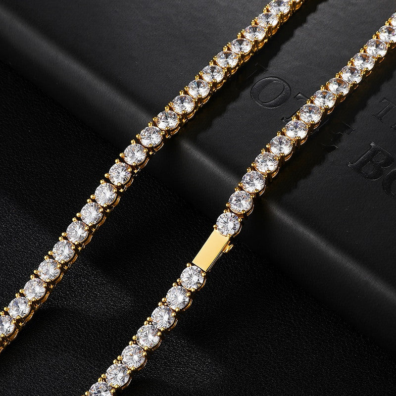 925 Silver 14k Gold Hip Hop 1 Row AAA Stone Bling Spring Clasp Tennis Chain Necklace