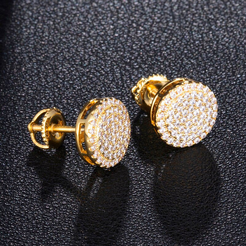 Snow Capped Extreme Iced Micro Pave Round Cut 14k Gold Bling Stud Earrings