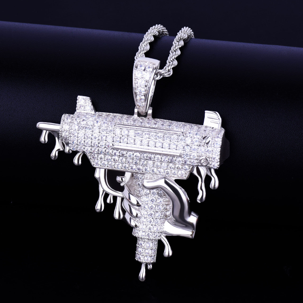 18k Rose Gold .925 Silver Hand Holding Dripping Uzi Machine Gun Hip Hop Micro Pave Pendant