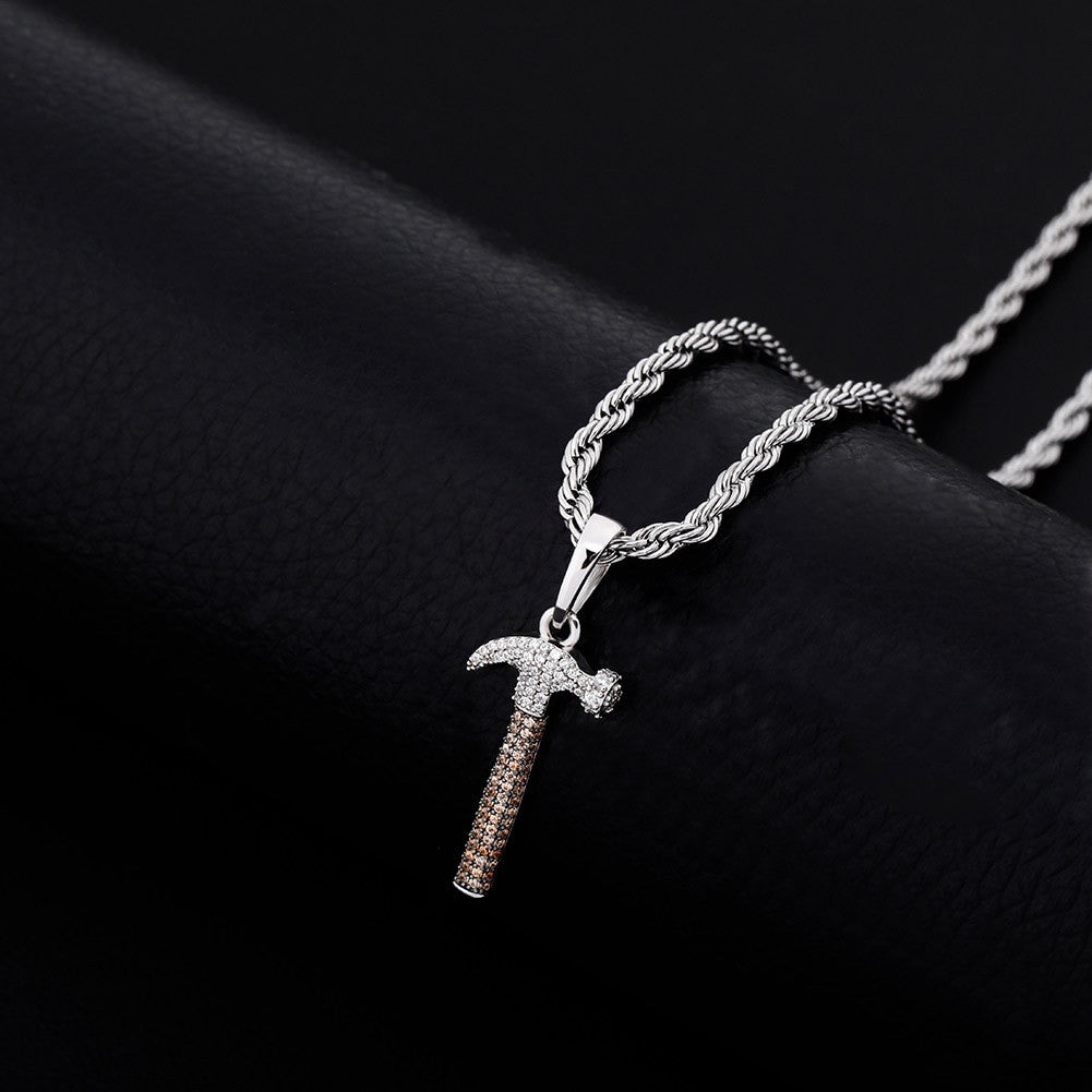 Flooded Ice 925 Sterling Silver Simulated Diamond Hammer Bling Pendant