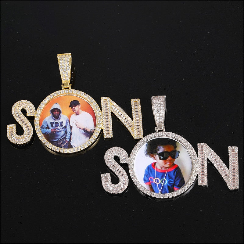 Custom Flooded Ice Baguette 2 Letters Son Hip Hop Picture Photo Pendant Chain Necklace