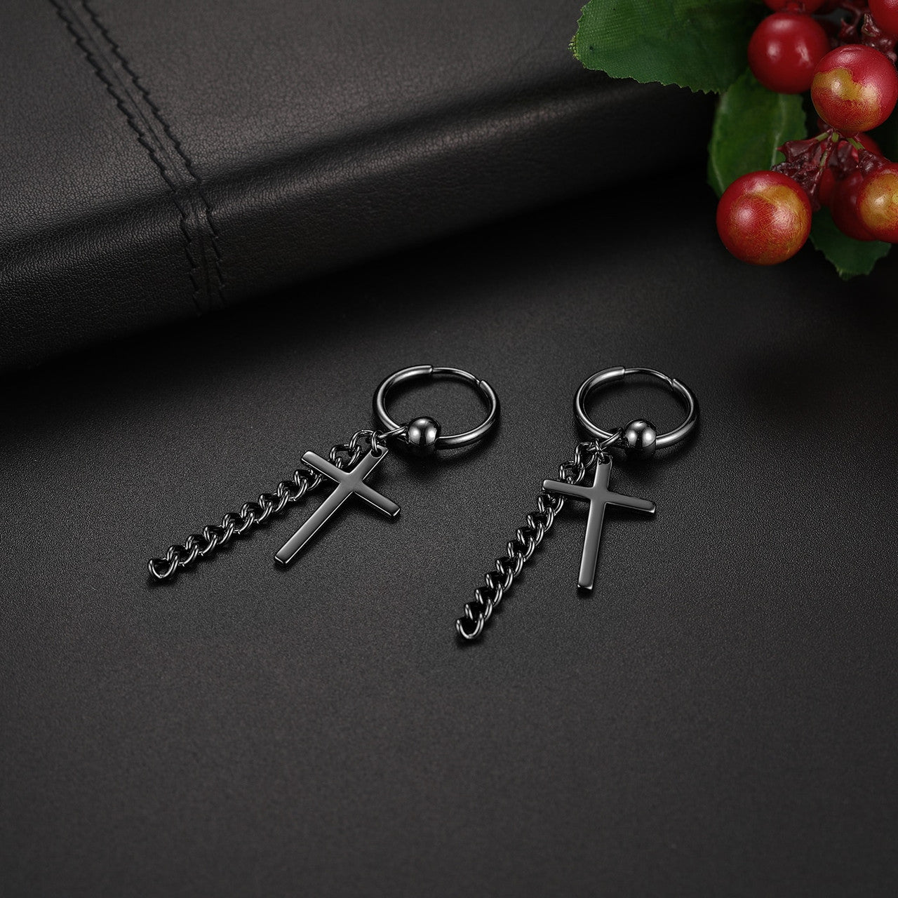 14k Gold Silver Black Stainless Steel Hoop Cross Earrings