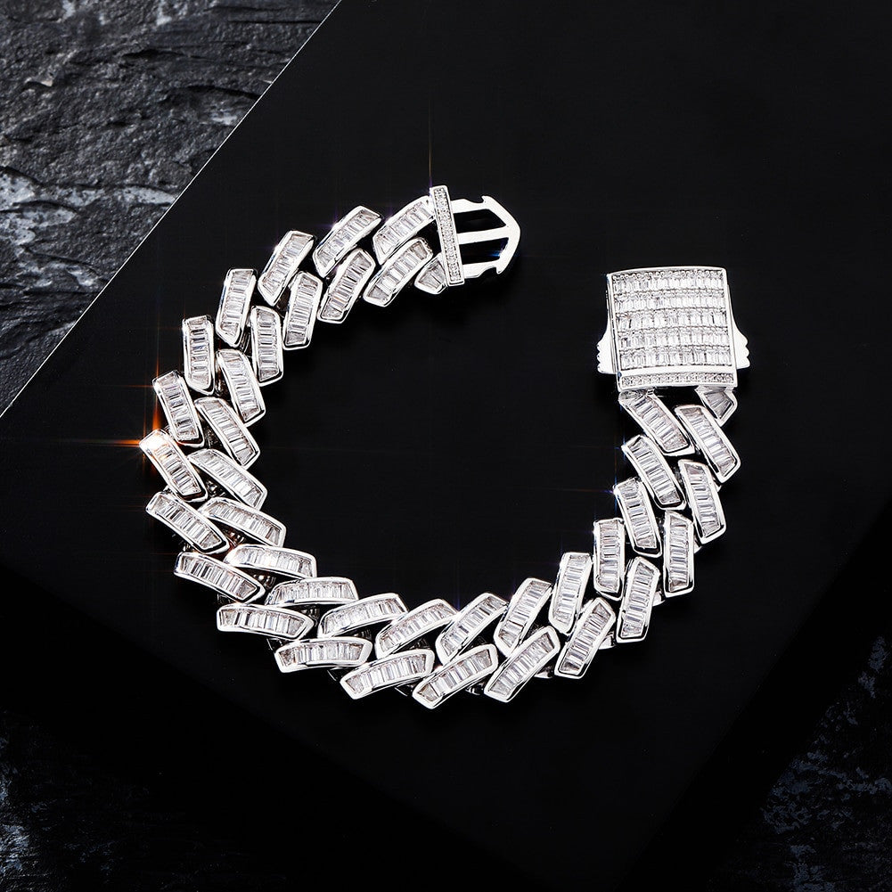 Mens Flooded Ice 18mm 14k 925 Silver Baguette Pave Set Cuban Link Hip Hop Bracelet