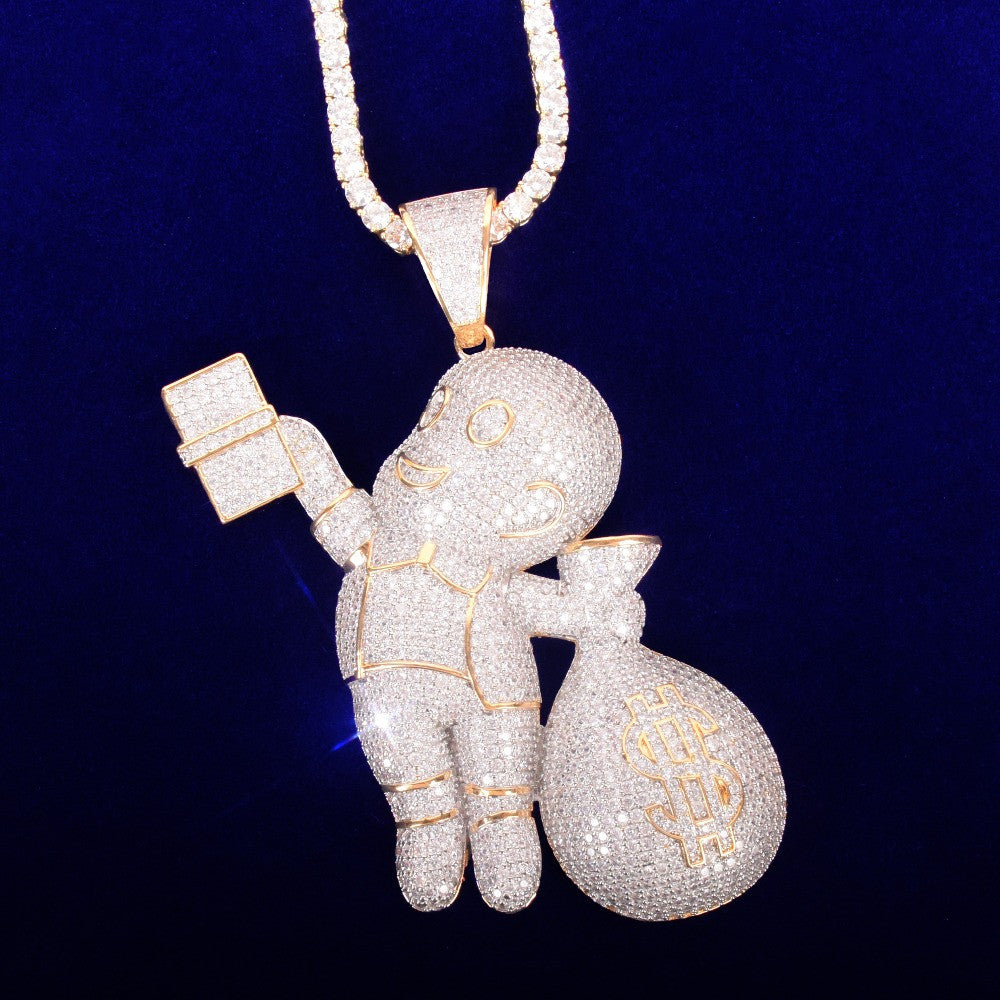 Baby Casper Money Bags AAA Micro Pave 18k Gold Hip Hop Pendant Chain Necklace