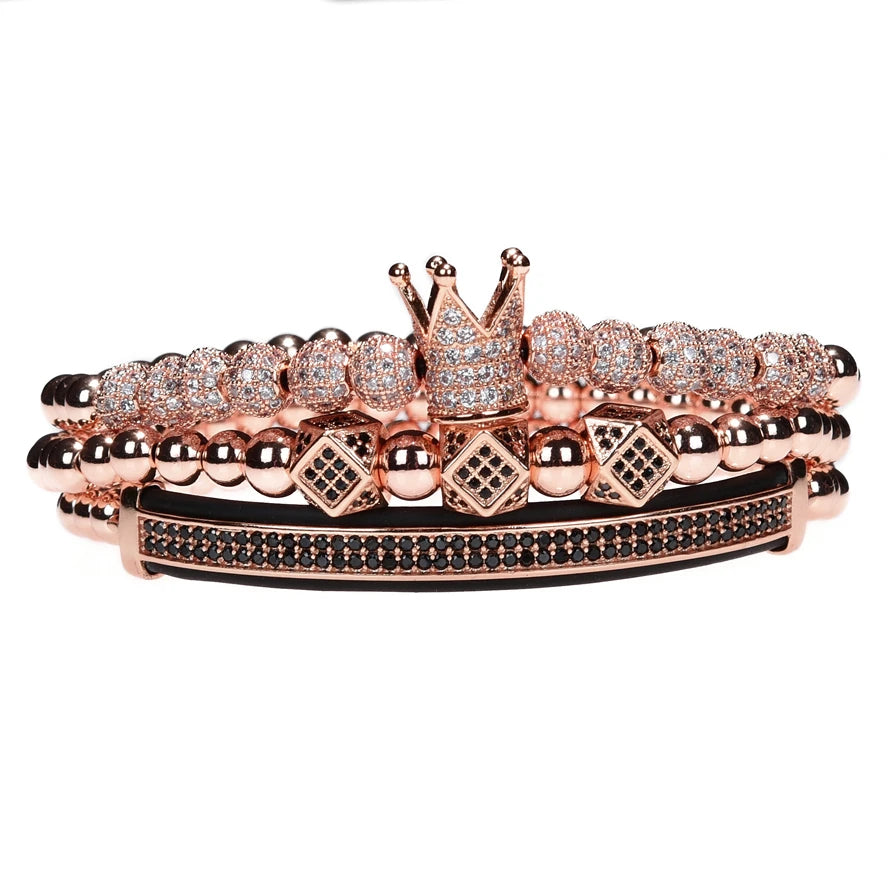 Mens High Fashion 18k Gold Over No Fade Stainless Steel Kings Crown Adjustable 3 Piece Bracelet Set