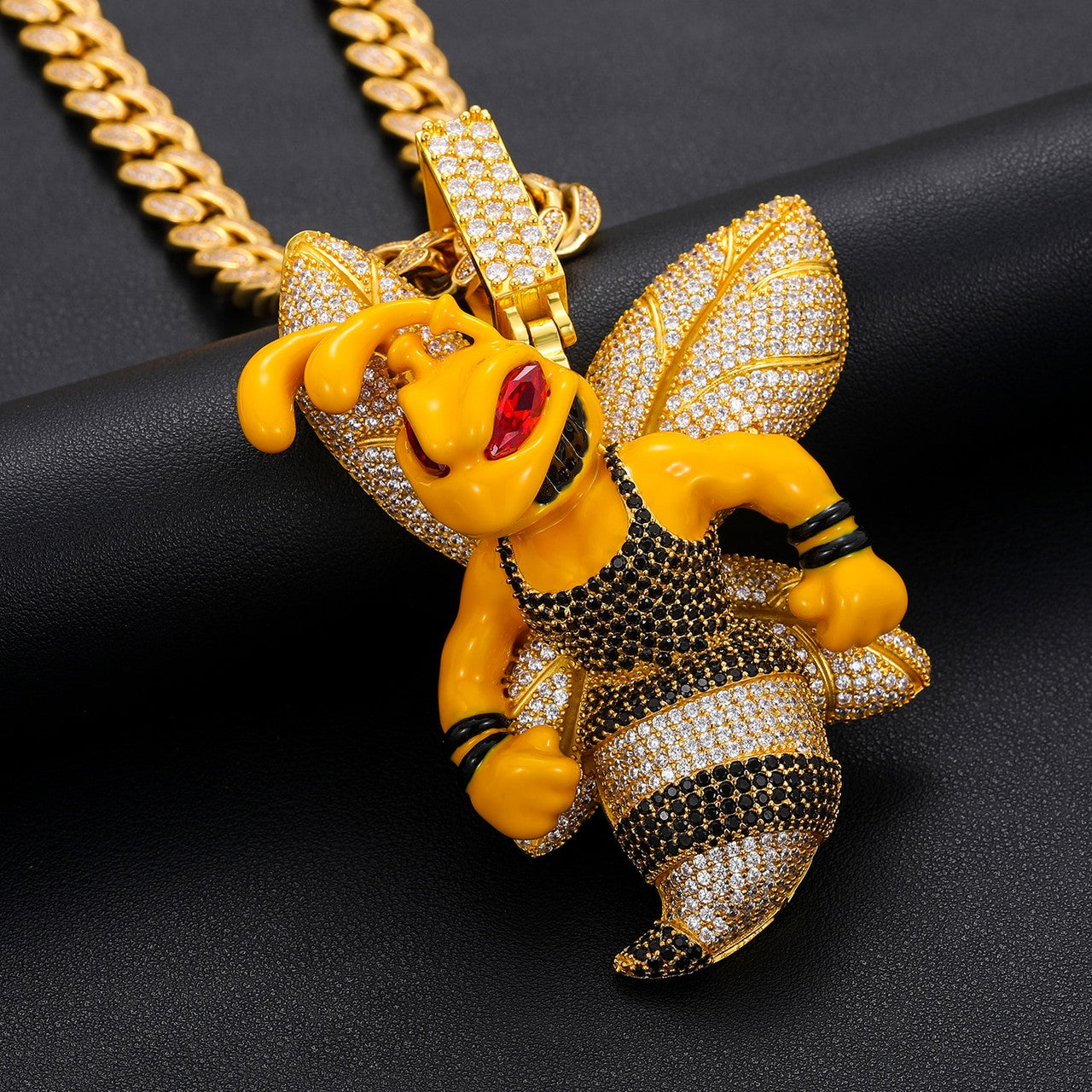 925 Solid Sterling Silver Killer Bee Bee&#39;s Genuine Lab Diamond Hip Hop Chain Pendant