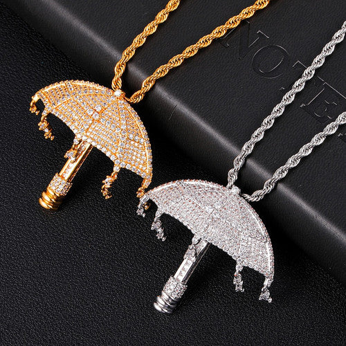 White Gold 18k Bling Its Raining Money Umbrella Hip Hop Pendant