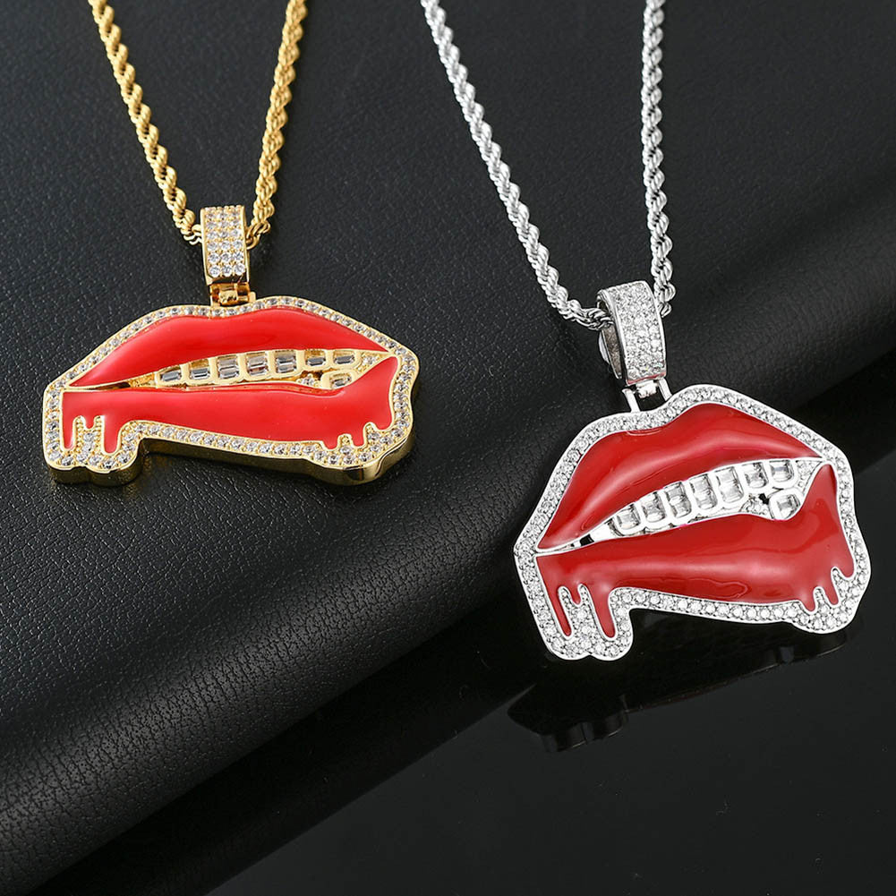Flooded Ice Baguette Grillz Red Lipstick Dripping Drooling Hot Lips Hip Hop Pendant