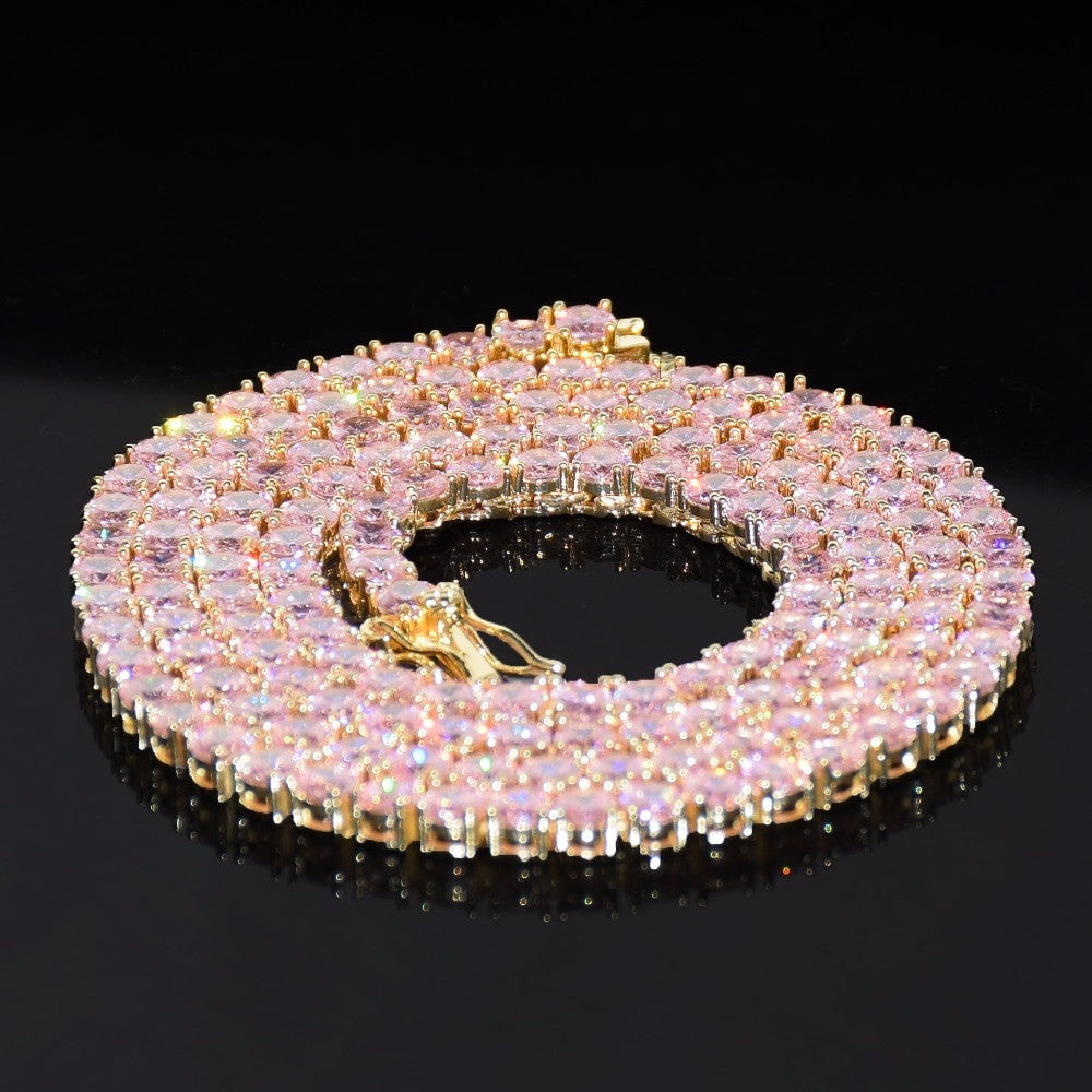 24k Gold Silver Rose Flooded Ice Pink Stone Bling Tennis Chain Necklace