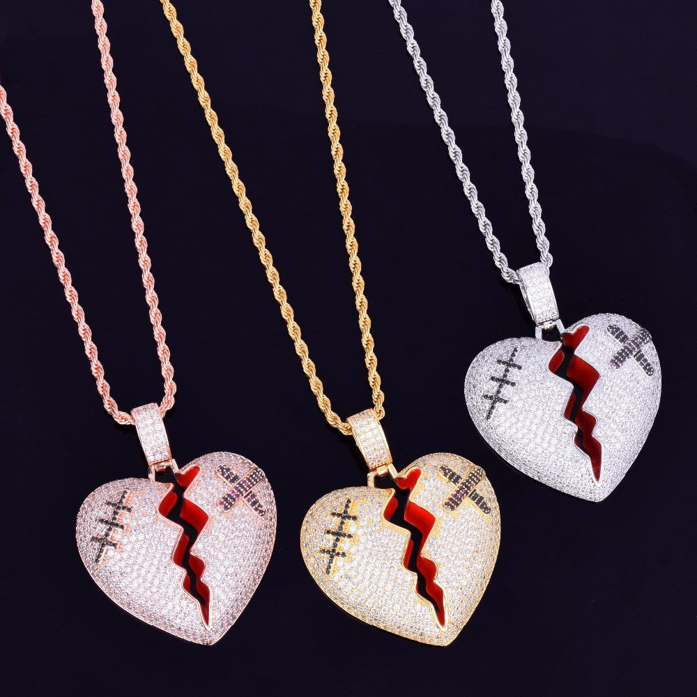 Iced Rose Gold Micro Pave Red Oil Broken Heart Hip Hop Pendant Chain Necklace 