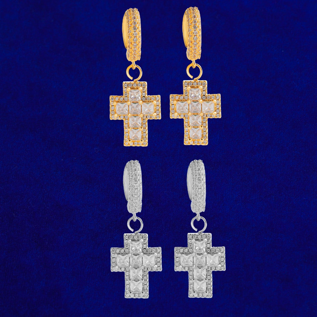 Arctic Majesty | Princess Cut Cross Drop Dangle Huggie Hip Hop Earrings